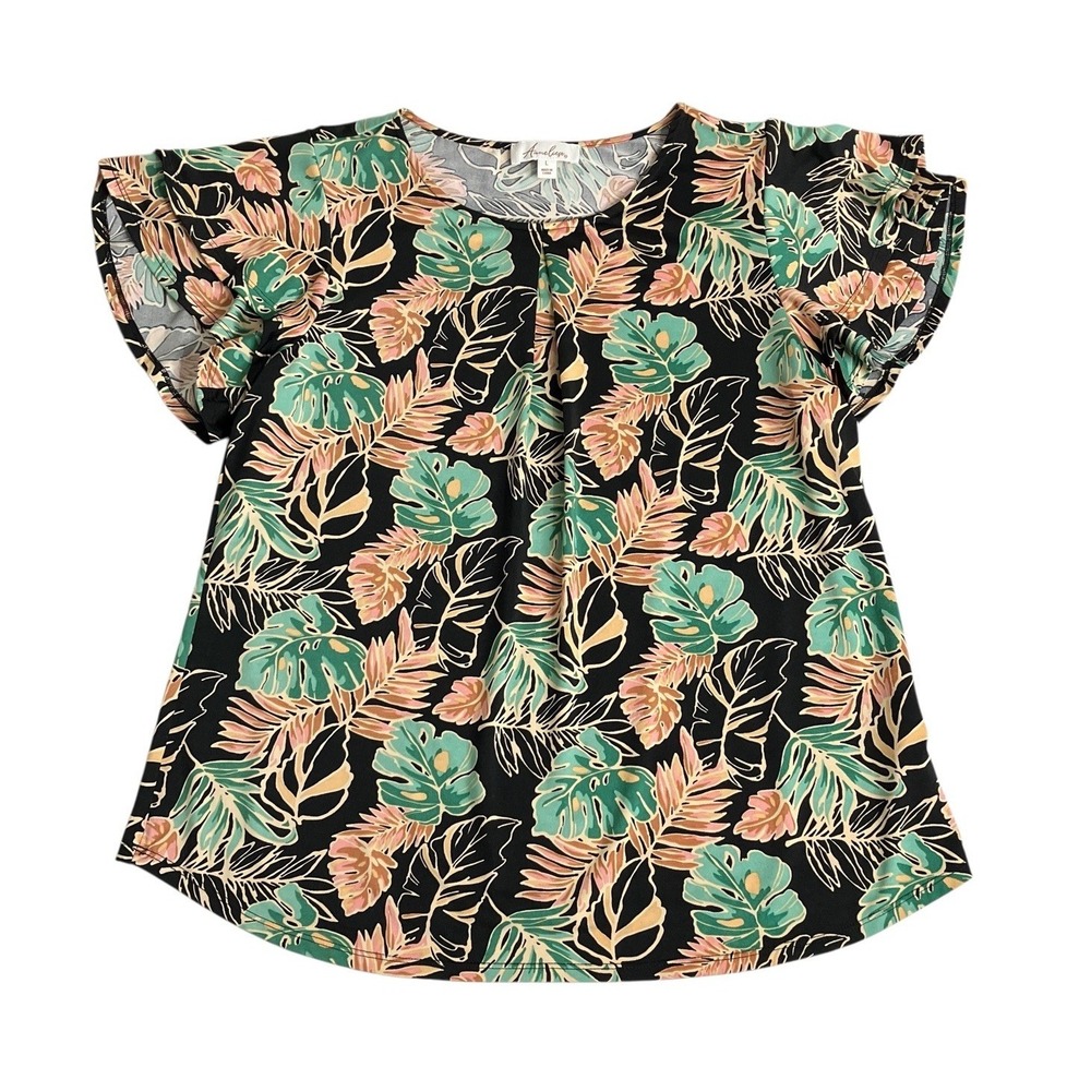 Anneliese Top Womens L‎ Black Floral Flutter Sleeve Cottagecore Tropical Resort